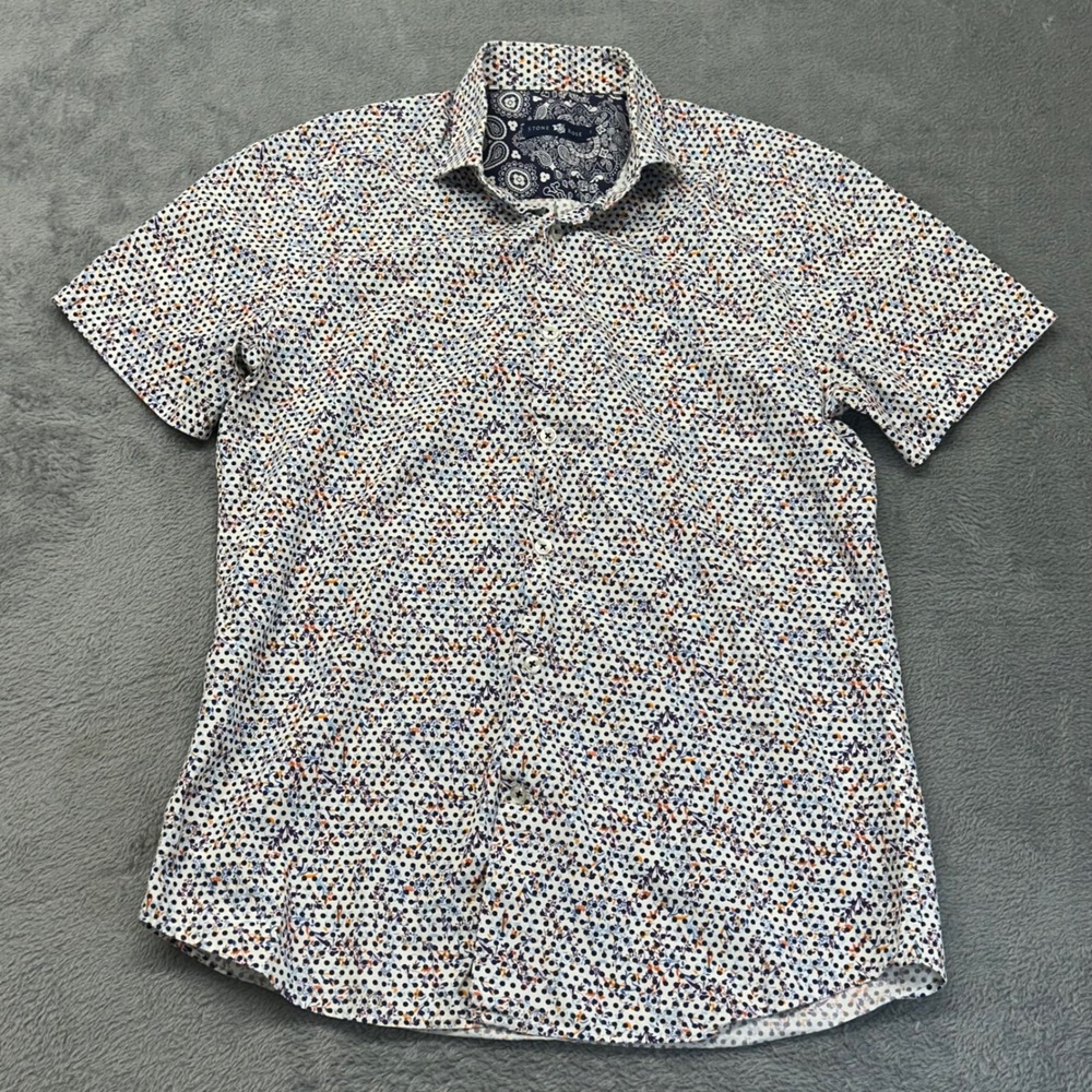 Stone Rose Mens Short Sleeve Floral Polka Dot Button Down Shirt Size 2 Small